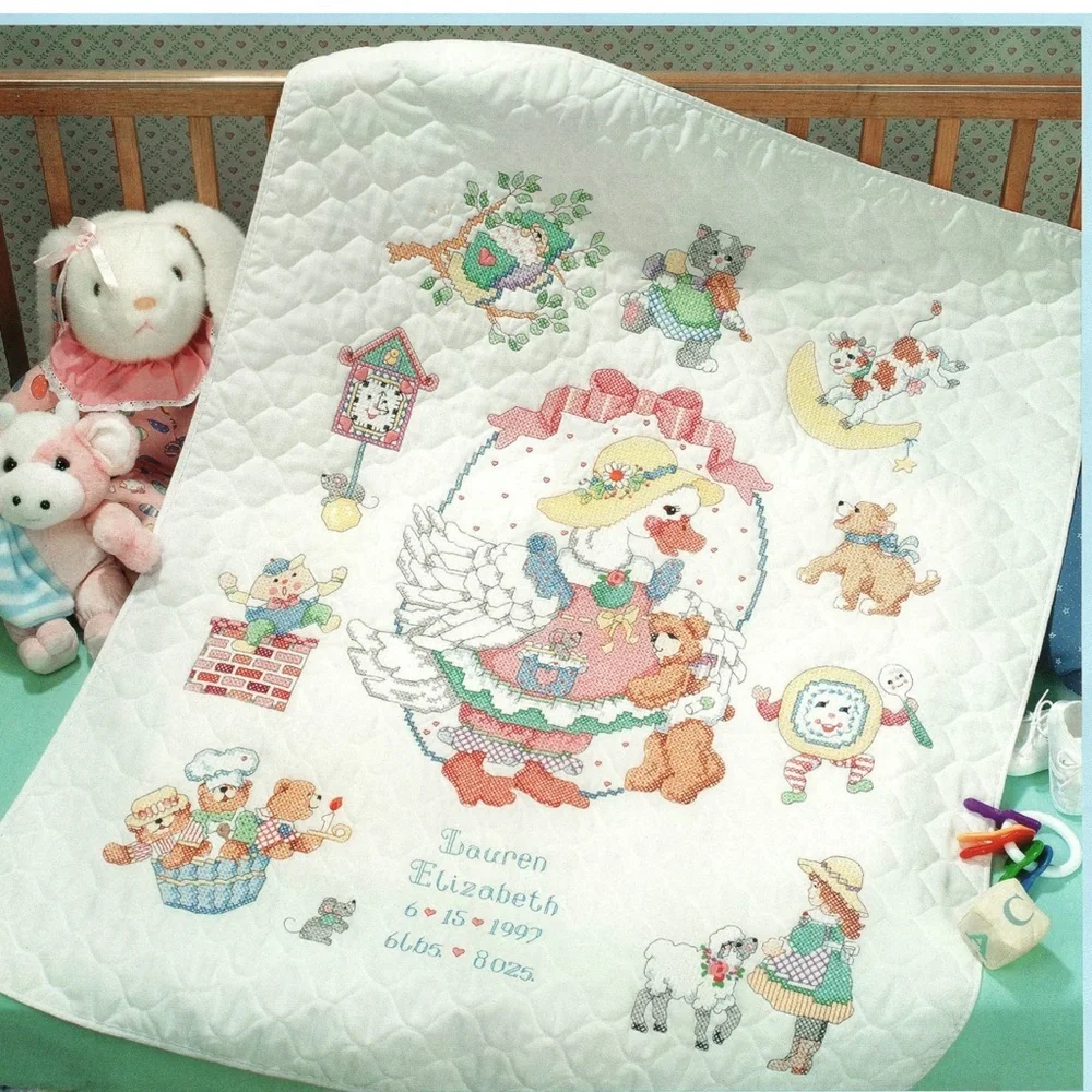 RARE!🎇Completed Bucilla Mother Goose Cross Stitch Crib Blanket Baby Nursery